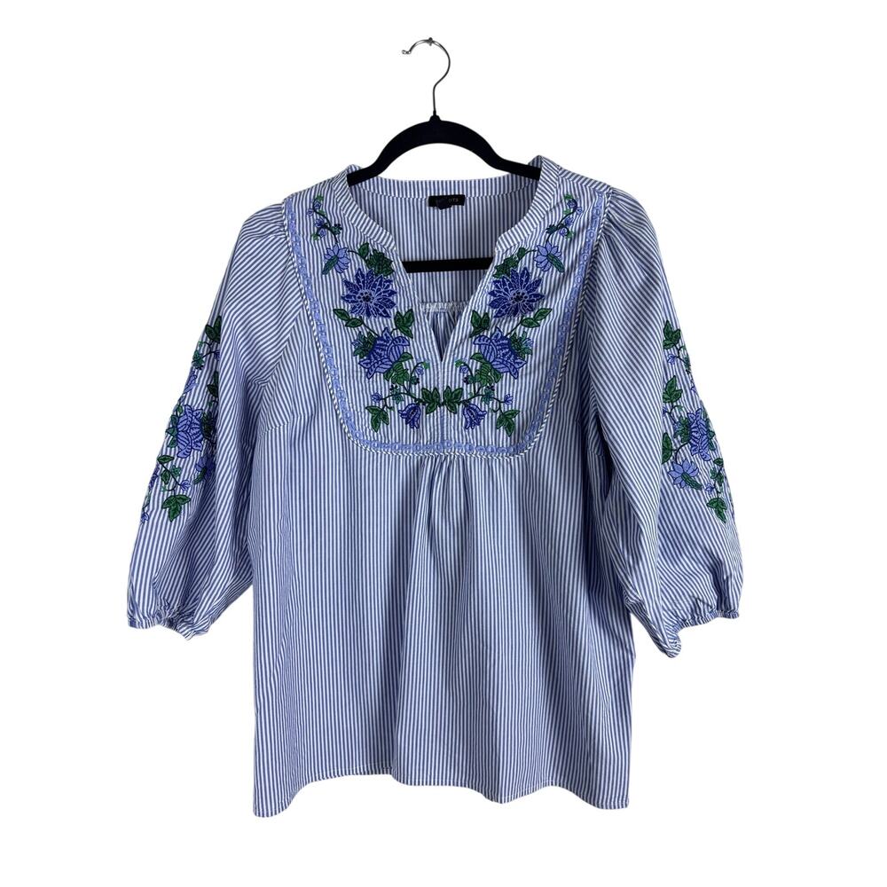 Talbots M Blue White Stripe Floral Embroidered Peasant Blouse 3/4 Sleeve Cotton